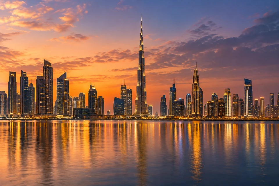 Dubai skyline at dusk across the water